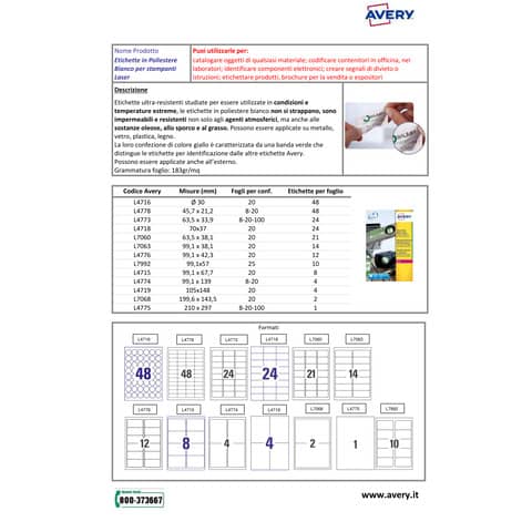 Etichette permanenti poliestere bianche Avery 63,5x33,9 mm - 24 et/foglio - stampanti laser cf. 100 fogli L4773-100